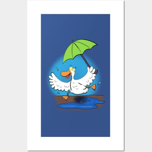 Funny duck dancing with umbrella cartoon Posters and Art